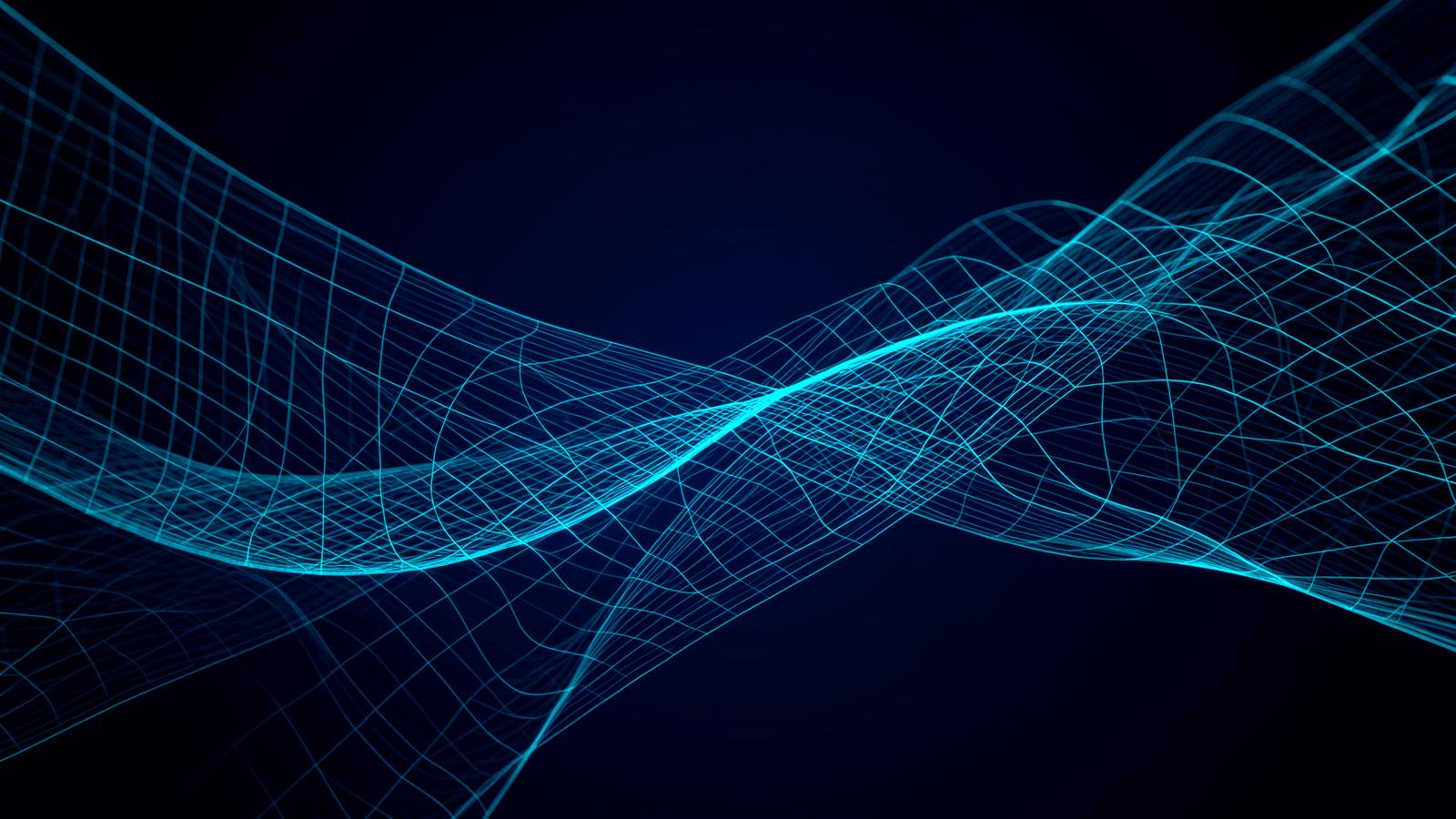 Abstract flowing cyan wireframe mesh on a deep navy background