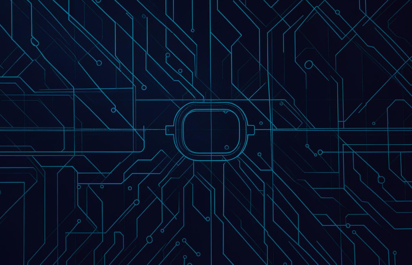 Abstract circuit-board pattern in cyan lines on a deep navy background with a central chip outline
